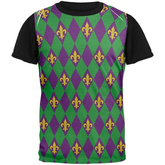 Mardi Gras Fleur De Lis Jester Costume All Over Mens Black Back T Shirt Multi SM