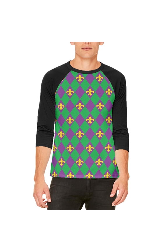 Mardi Gras Fleur De Lis Jester Costume Mens Raglan T Shirt White-Black LG