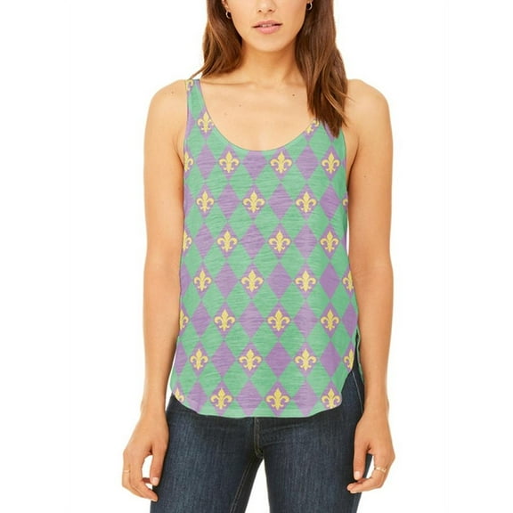 Mardi Gras Fleur De Lis Juniors Flowy Side Slit Tank Top Multi X-LG