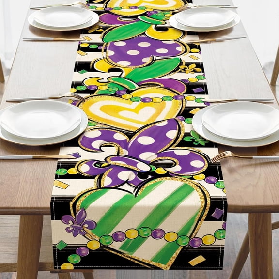 Mardi Gras Fleur De Lis Love Hearts Dining Table Runner, New Orleans Carnival Beads Glitter Burlap Kitchen Decoration, Stripes Masquerade Indoor Outdoor Home Decor Party Supply 13.8 x 71 Inches