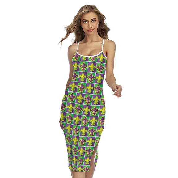 Mardi Gras Fleur De Lis Pattern Printed Cross Back Cami Dress, Mardi Gras Fashion Summer Maxi Sexy Casual Dress For Women