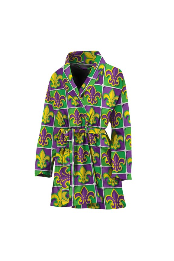 Mardi Gras Fleur De Lis Pattern Women Bathrobe One Size Univeral Fits, Mardi Gras Fashion Lightweight Plush Fleece Long Robe For Women