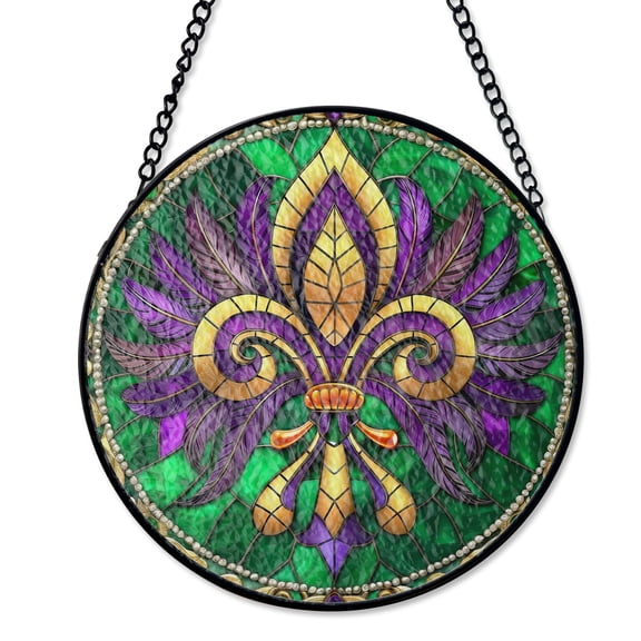 Mardi Gras Fleur De Lis Suncatcher Stained Glass Style UV Printed Glass New Orleans Decor Round
