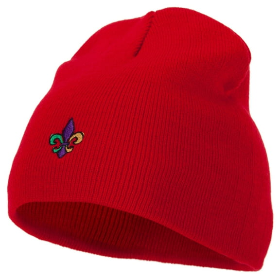 Mardi Gras Fleur de Lis Embroidered 8 Inch Knitted Short Beanie - Red OSFM