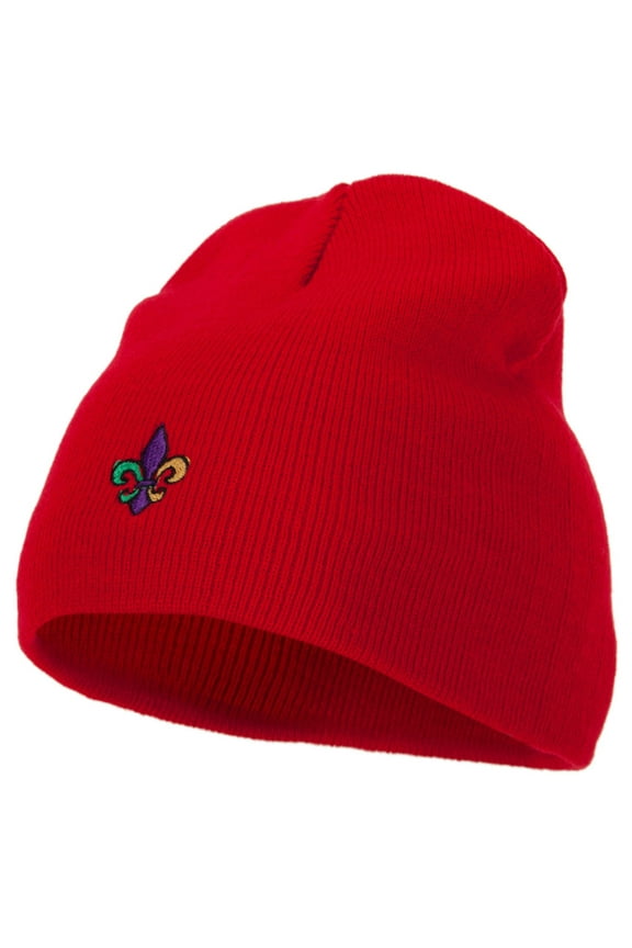 Mardi Gras Fleur de Lis Embroidered 8 Inch Knitted Short Beanie - Red OSFM