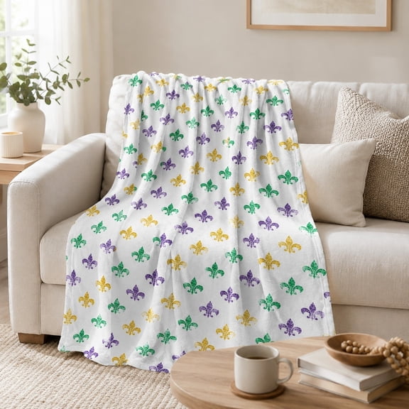 Mardi Gras Fleur de Lis Purple Green Gold Pattern Fleece Throw Blanket, Soft 280 Gsm Polyester, Home Decor for Couch, Sofa & Bed
