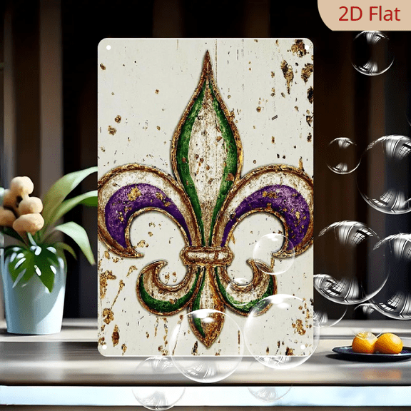 Mardi Gras Fleur-de-Lis Metal Tin Sign - Thick Iron Rustic Wall Art with Green Purple Fleur-de-Lis Design, Golden Accents - Durable IndoorOutdoor Decor for Home, Garage, Cafe