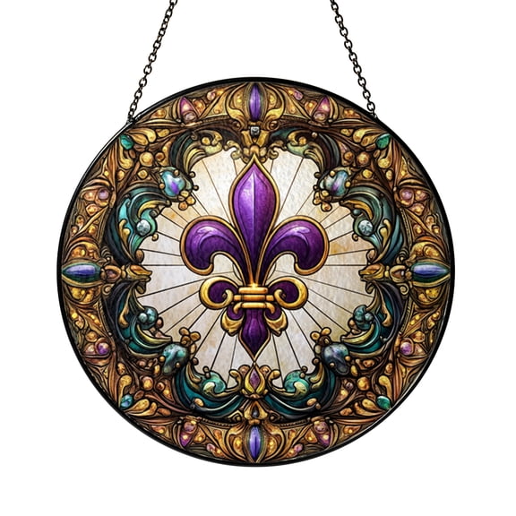 Mardi Gras Fleur de Lis Stained Glass Suncatcher, Round Window Panel with Purple Green Gold Festival Colors, Vibrant Celebration Home Decor