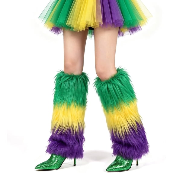 Mardi Gras Furry Leg Warmers for Women, 15.7 Inch Faux Fur Leg Warmers, Purple Green Gold Fluffy Costume Accessories for Carnival Parade, Halloween, Rave Festival, Cosplay