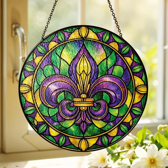 Mardi Gras Glass Suncatcher, Fleur de Lis Ornament, New Orleans Louisiana Home Decor, 3.5 in