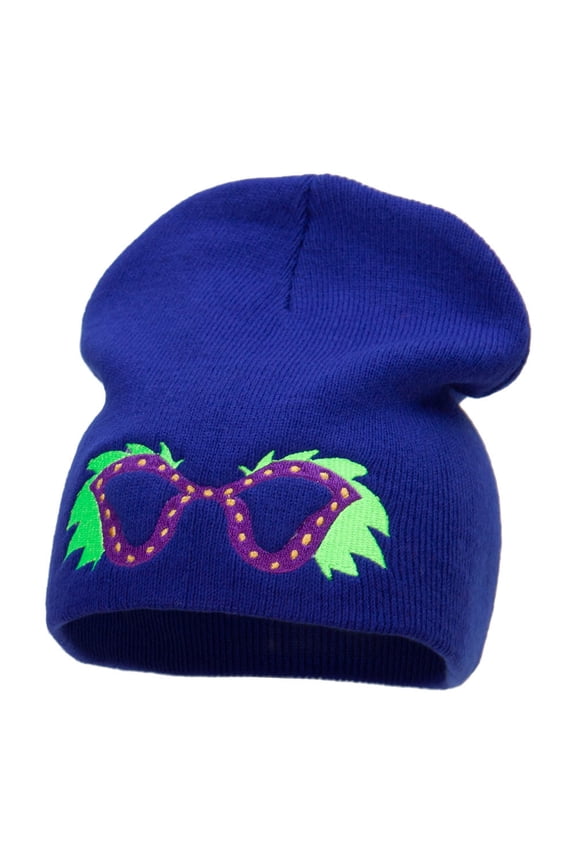 Mardi Gras Glasses with Plumes Embroidered Short Beanie - Royal OSFM