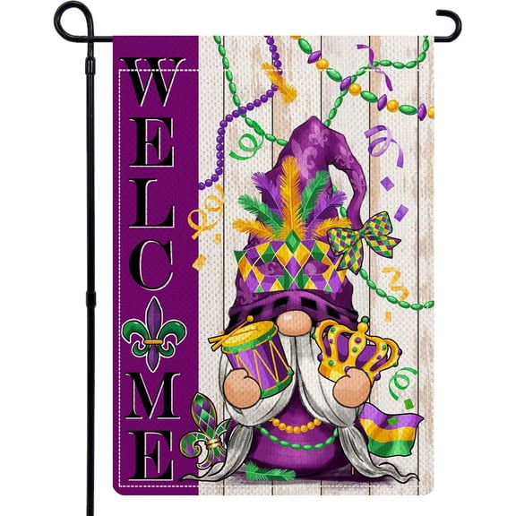Mardi Gras Gnome Garden Flags for Outside, Mask Feather Beads New Orleans Carnival Garden Flags 12x18 Double Sided, Spring Holiday Welcome Yard Flags, Mardi Gras Gnomes Decorations