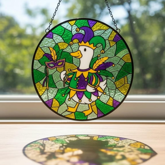 Mardi Gras Goose Glass Suncatcher, Jester Duck Window Hanging, Carnival Festival Home Decor, 3.5 in