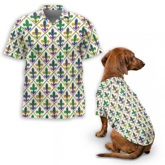Mardi Gras Hawaiian Shirt with Matching Dog Outfit, Purple Green Gold Pattern Aloha, Button Festival Shirt