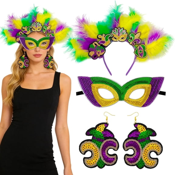 Mardi Gras Headband, Fleur De Lis Hairband Carnival Feather with Earrings & Sequin Mask Mardi Gras Accessories for Women Carnival Costume Party