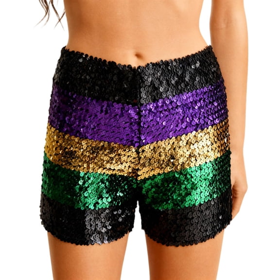 Mardi Gras High Waisted Sequin Shorts for Women Stretchy Fitted Shiny Dance Performance Clubwear Costume Bottoms Sequins Shorts Black L