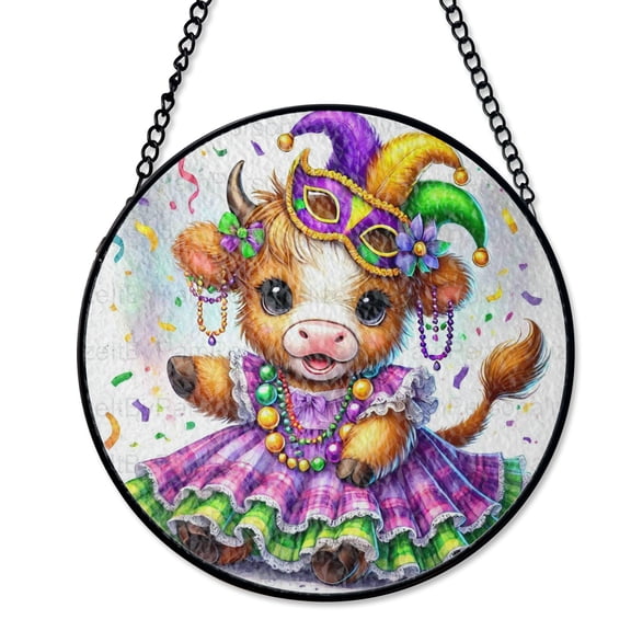 Mardi Gras Highland Cow Stained Glass Suncatcher UV Printed Glass Carnival Festival Party Decor Round