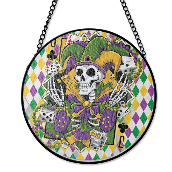 Mardi Gras Holiday Colors Suncatcher Stained Glass Style, UV Printed Glass, Purple Green Gold Decor, Round