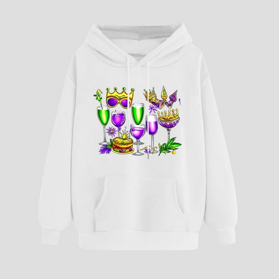 Mardi Gras Hoodies Sweatshirt Women Classic Mardi Gras Printed Loose Long Sleeved Hooded Sweatshirt With Pocket White M