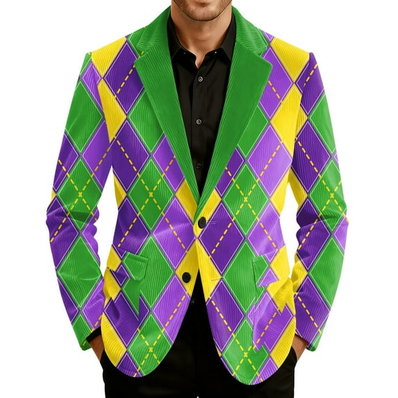 Mardi Gras Jacket for Men Corduroy Suit Jacket Two Button Vintage Carnival Themed Parada Party Office Blazers