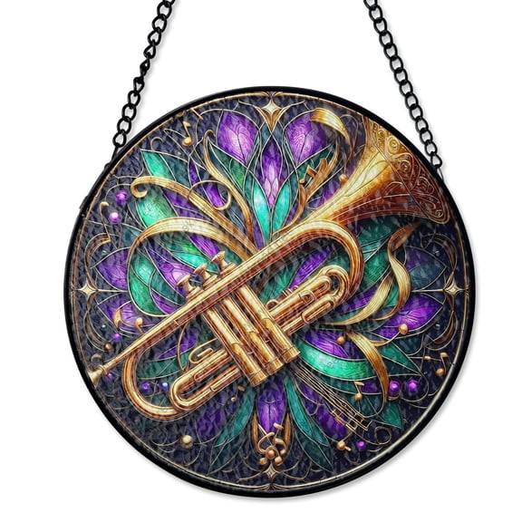 Mardi Gras Jazz Trumpet Music Theme Suncatcher, Stained Glass Style, UV Printed Glass, Carnival Party Decor Gift, Round