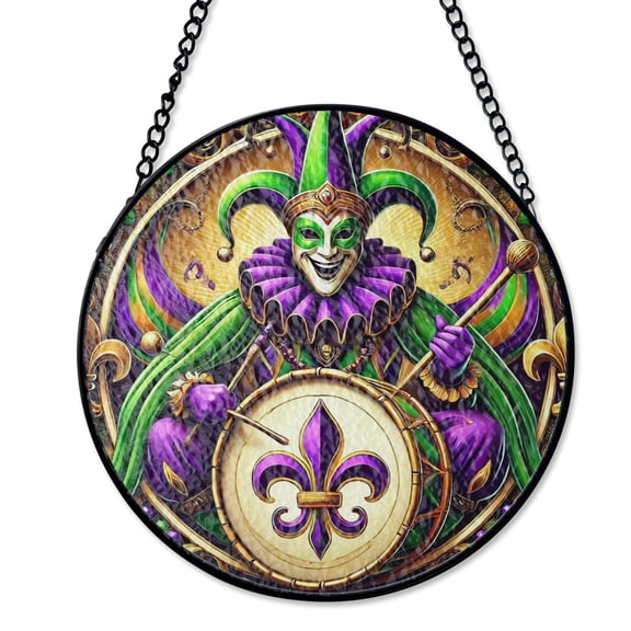 Mardi Gras Jester Drum Suncatcher Stained Glass Style UV Printed Glass Carnival Holiday Decor Party Gift Round