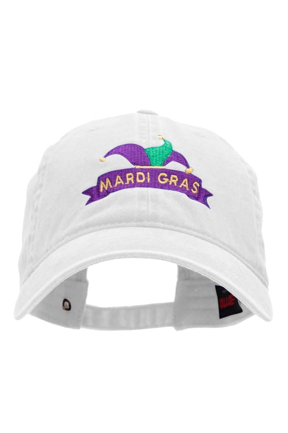Mardi Gras Jester Hat Washed Solid Pigment Dyed Cotton Twill Brass Buckle Cap - White OSFM