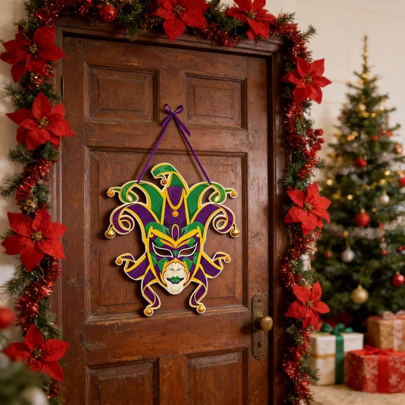 Mardi Gras Jester Mask Front Door Sign, Circus Joker Clown New Orleans Carnival Wood Door Hanger Outdoor Outside Porch Decor, Masquerade Wooden Wreath Indoor Wall Hanging Decoration