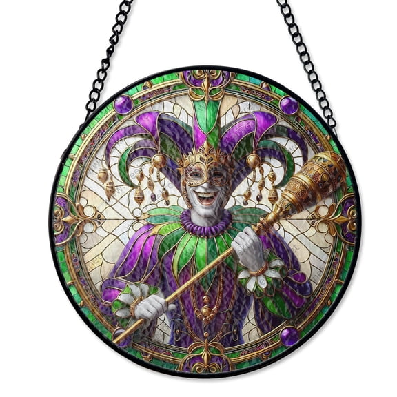 Mardi Gras Jester Scepter Suncatcher Stained Glass Style UV Printed Glass Carnival Party Decor Round