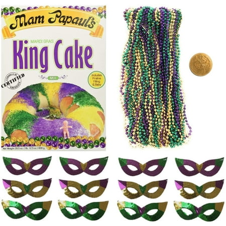 Mardi Gras King Cake Party Pack- King Cake Mix, 6 Dozen Necklaces, 12 Sequin Masks, 1 Doubloon