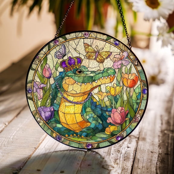 Mardi Gras King Gator Glass Suncatcher, Crocodile Window Hanging, New Orleans Decor, 3.5 in