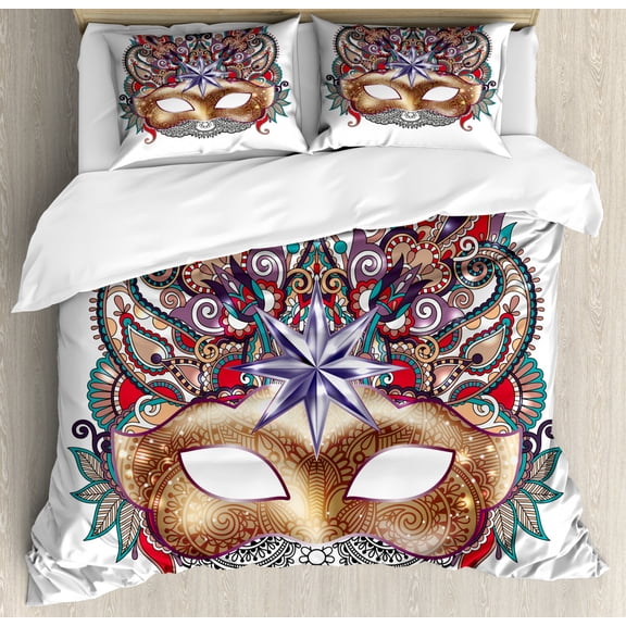 Mardi Gras King Size Duvet Cover Set, Venetian Carnival Mask Silhouette with Ornamental Elements Masquerade Costume, Decorative 3 Piece Bedding Set with 2 Pillow Shams, Multicolor, by Ambesonne