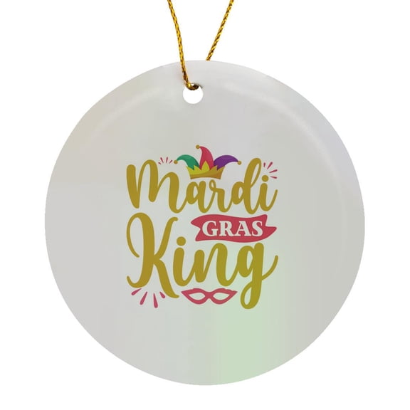 3drose, Mardi Gras King Yellow, Red Text, Fools Hat, Red Mask, Funny Gift, Circle Porcelain Ornament