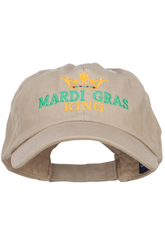 Mardi Gras King with Crown Symbol Embroidered Cotton Cap - Khaki OSFM