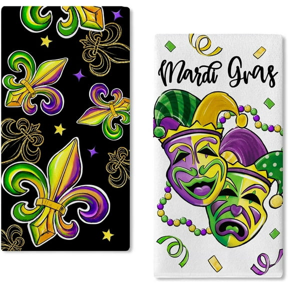 Mardi Gras Kitchen Dish Towels Set of 2, Joker Jester Mask Fleur De Lis New Orleans Carnival Hand Towels Drying Baking Cooking Cloth, Bes Masquere Party Home Kitchen Decor 18 x 26 Inch