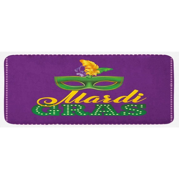 Mardi Gras Kitchen Mat, Green Colorful Feathers on Pastel Tone Backdrop Styled Calligraphy, Plush Decorative Kitchen Mat with Non Slip Backing, 47" X 19", Purple Yellow