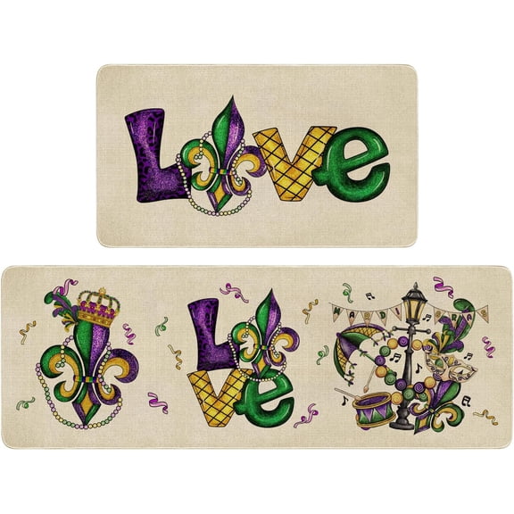 Mardi Gras Kitchen Mat Set 2 Piece,Fleur De Lis Love Decorative Kitchen Rugs Low-Profile Mats for Home Kitchen Decor 17"x48"+17"x30"