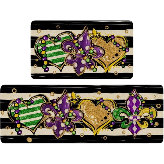 Mardi Gras Kitchen Mat Set 2 Piece,Fleur De Lis White Polka dot Beads Carnival Decorative Kitchen Rugs Low-Profile Mats for Home Kitchen Decor 17"x48"+17"x30"
