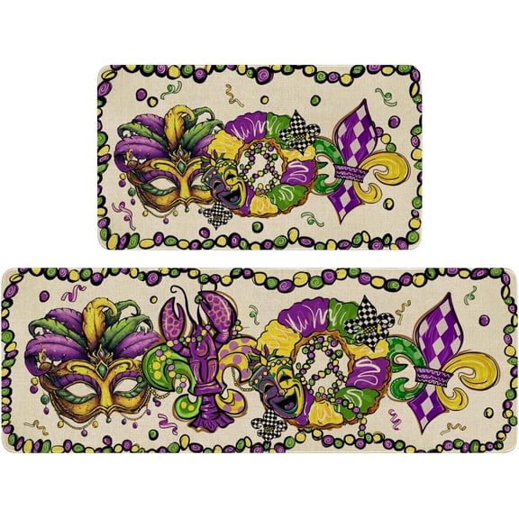 Mardi Gras Kitchen Mat Set 2 Piece,Masquerade Fleur De Lis Carnival Donuts Beads Lobster Decorative Kitchen Rugs Low-Profile Mats for Home Kitchen Decor 17"x48"+17"x30"