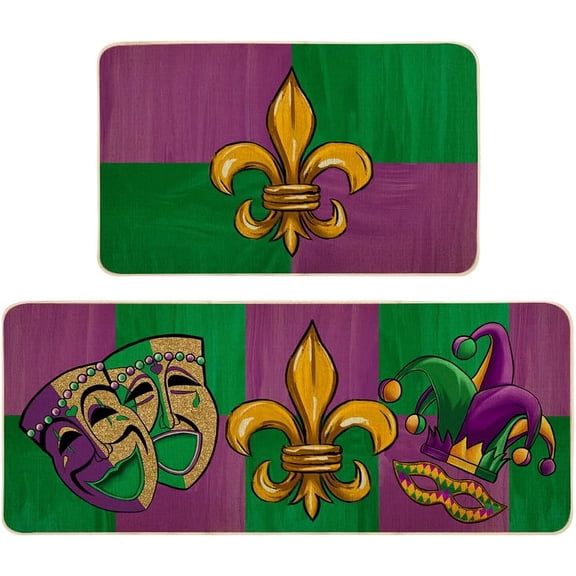 Mardi Gras Kitchen Rugs Set of 2, Non-Slip Absorbent Door Mats, Carnival Party Decorative Home Kitchen Floor Mat DM131