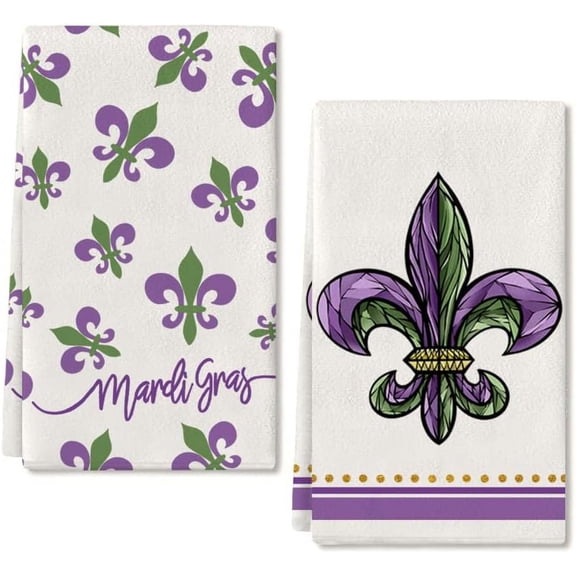 Mardi Gras Kitchen Towels for Mardi Gras Decor Fleur De Lis Dish Towels 18x26 Inch Ultra Absorbent Bar Drying Cloth Tea Sign Hand Towel for Mardi Gras Carnival Decorations Set of 2