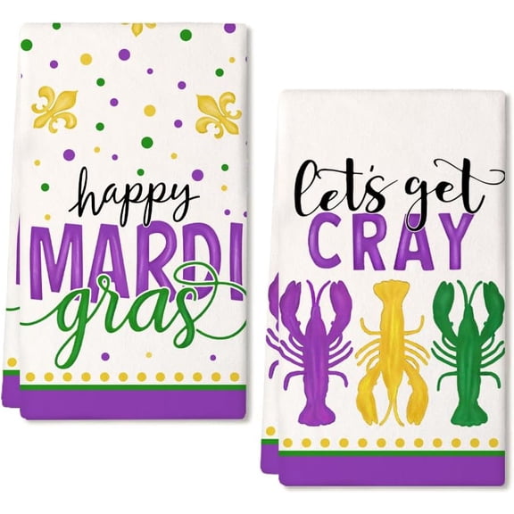Mardi Gras Kitchen Towels Set of 2,Purple Fleur De Lis Crayfish Dish Towels 18x26 Inch Drying Dishcloth,Farmhouse Home Mardi Gras Carnival Seasonal Holiday Decorations