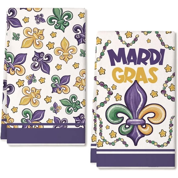Mardi Gras Kitchen Towels Set of 2,Purple Fleur de lis Beads Dish Hand Towels Holiday Carnival New Orleans Seasonal Decorations DD070