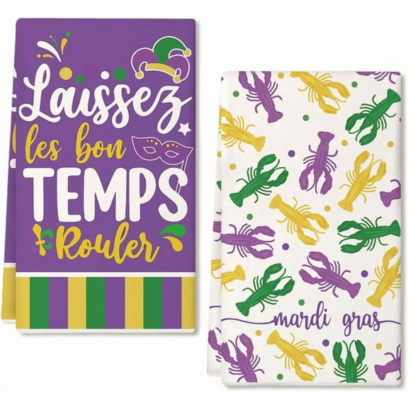 Mardi Gras Kitchen Towels Set of 2,Purple Lobster Mask Fleur de lis Dish Hand Towels Holiday Carnival New Orleans Seasonal Decorations