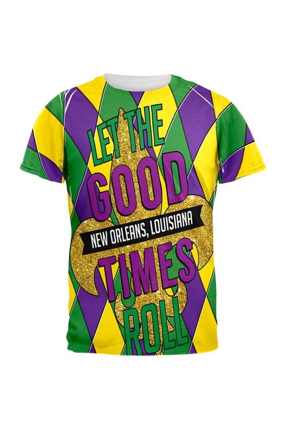 Mardi Gras Let the Good Times Roll Jester All Over Mens T Shirt Multi LG