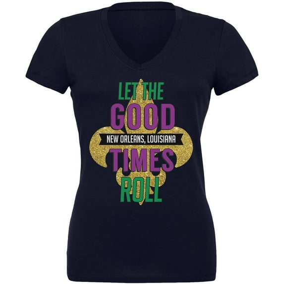 Mardi Gras Let the Good Times Roll Juniors V-Neck T Shirt Navy SM