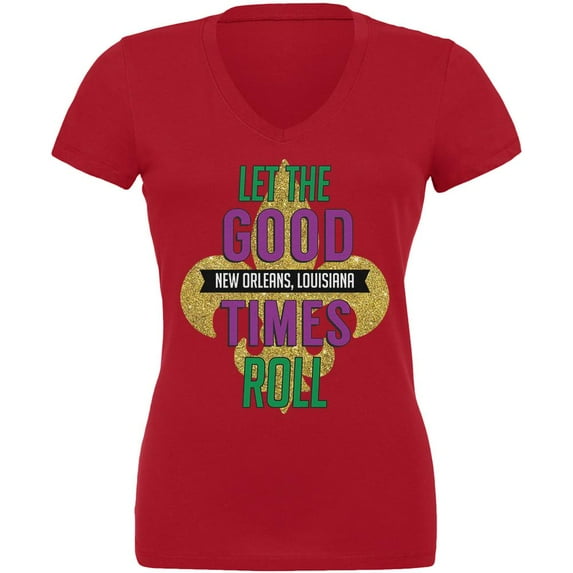 Mardi Gras Let the Good Times Roll Juniors V-Neck T Shirt Red MD