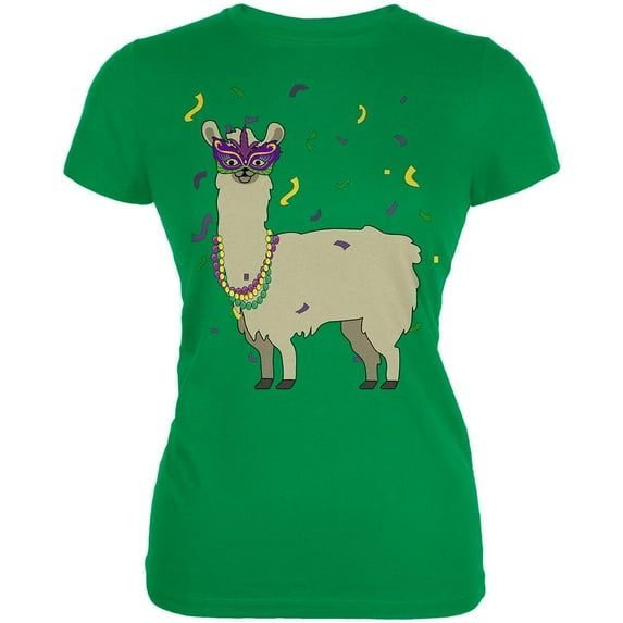 Mardi Gras Llama Beads Mask Juniors Soft T Shirt Irish Green LG