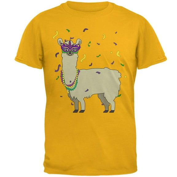 Mardi Gras Llama Beads Mask Mens T Shirt Gold SM