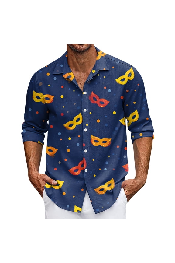 Mardi Gras Long Sleeve Shirt for Men Mask Printed Button Down Shirt Fat Tuesday Party Gifts